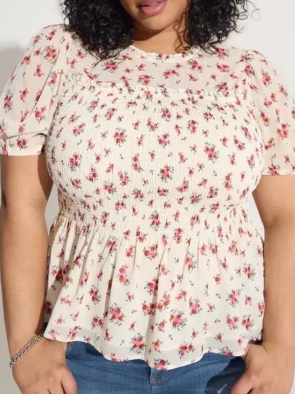 Torrid Floral Chiffon Ruffle Mock Neck Smocked Crop Top Size 1